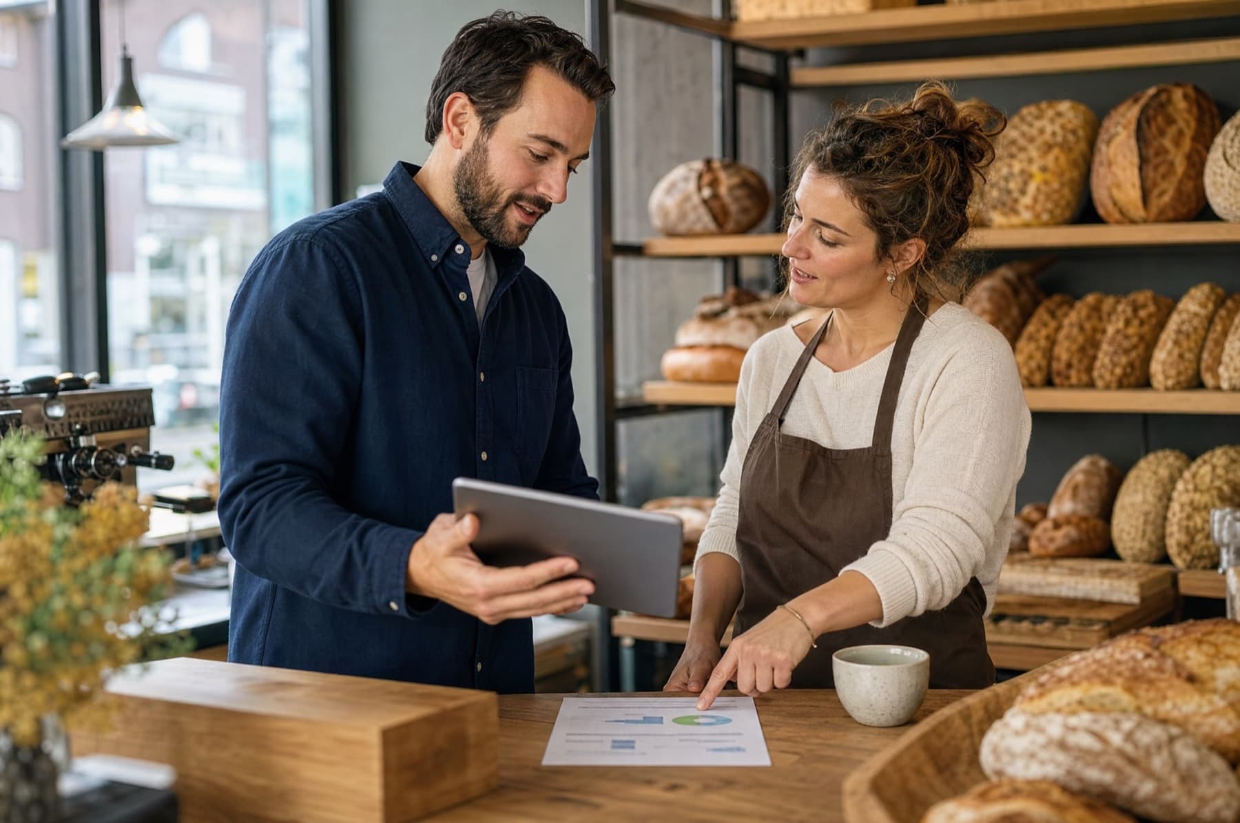 Partner bespreekt een energievoorstel met een bakker in haar zaak